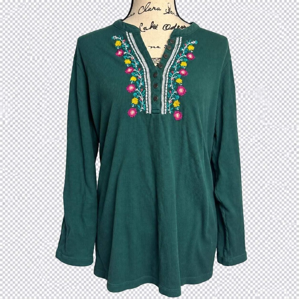 Woman Within Green Henley Top Waffle Knit Floral Embroidered 1X Fall Layering